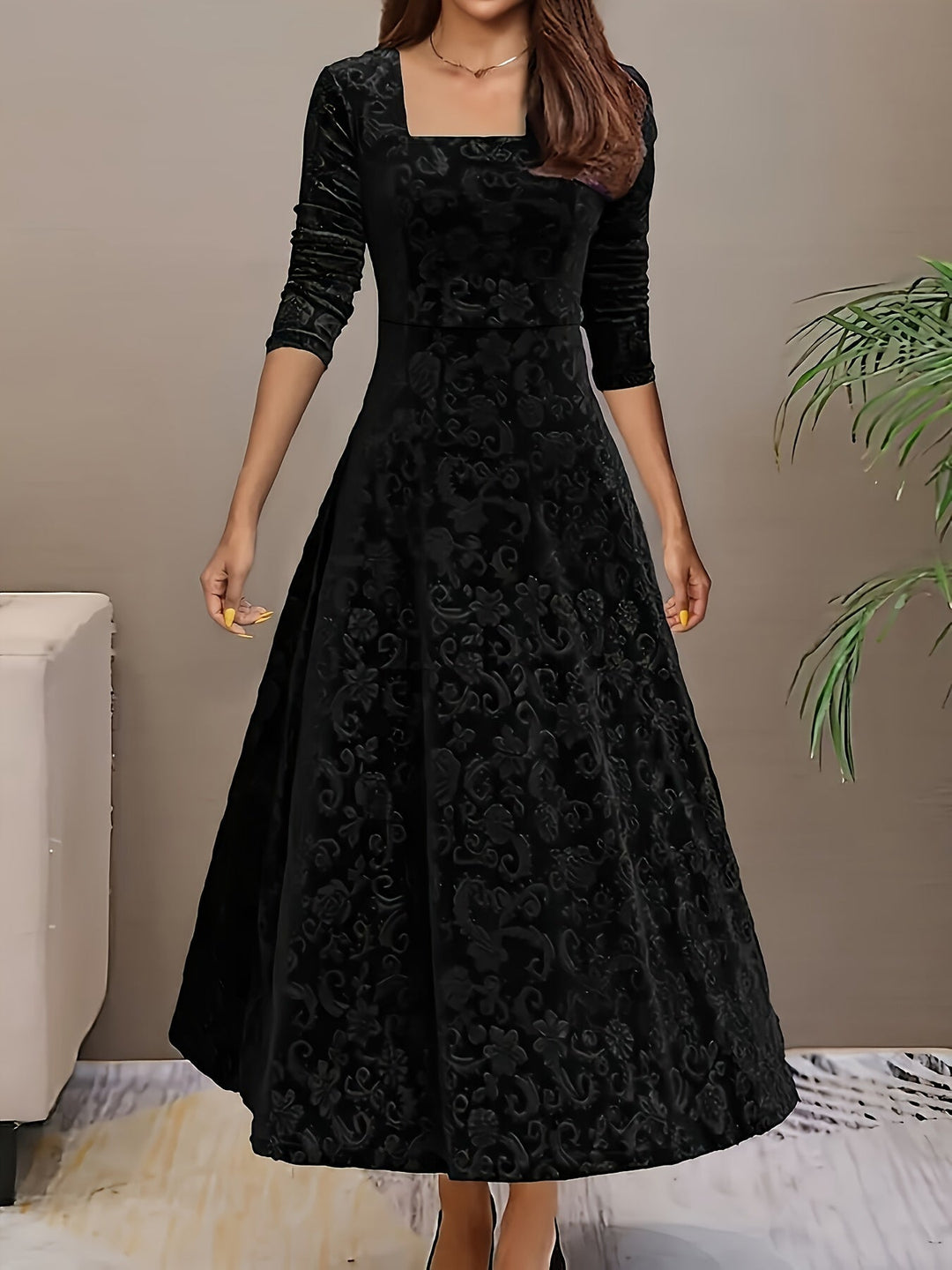 Wren | Women's Square Neck Long Sleeve Flared Midi Dress