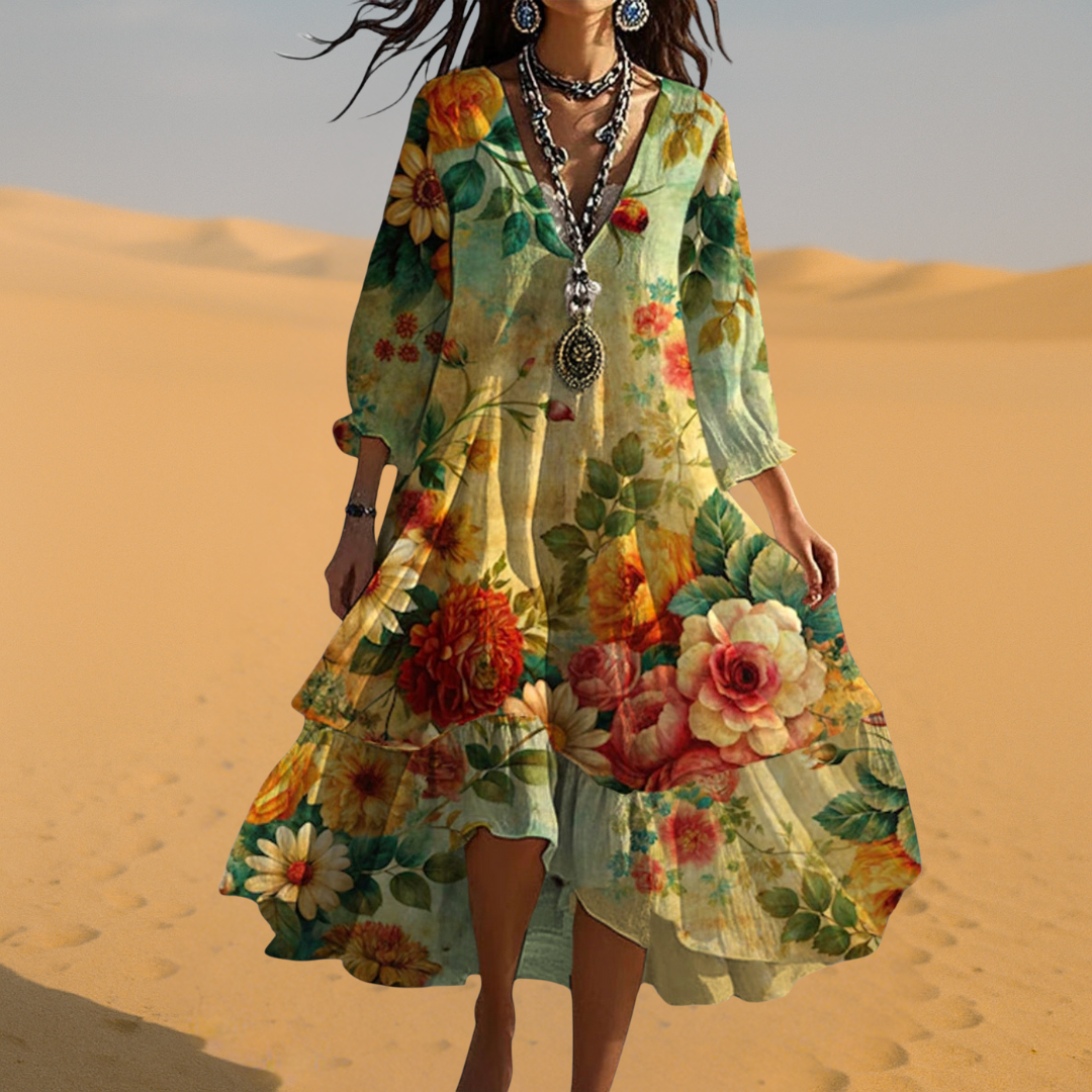 Genevieve | Women's V-Neck Summer Floral Midi Dress