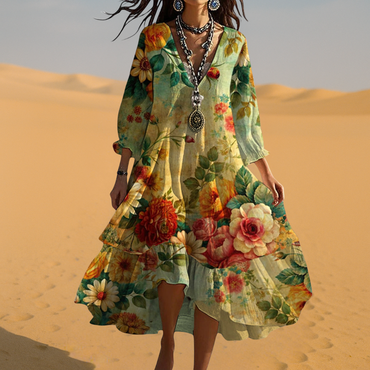 Genevieve | Women's V-Neck Summer Floral Midi Dress