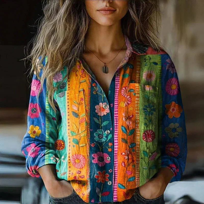 Rainey | Women's Pattern Print Buttoned Vintage Blouse