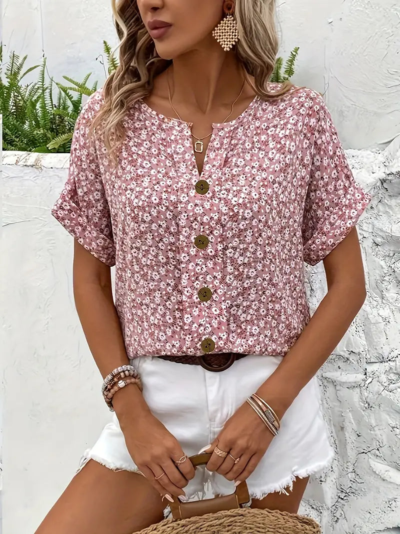 Sienna | Women's Floral Print Buttoned Short Sleeve Casual Blouse