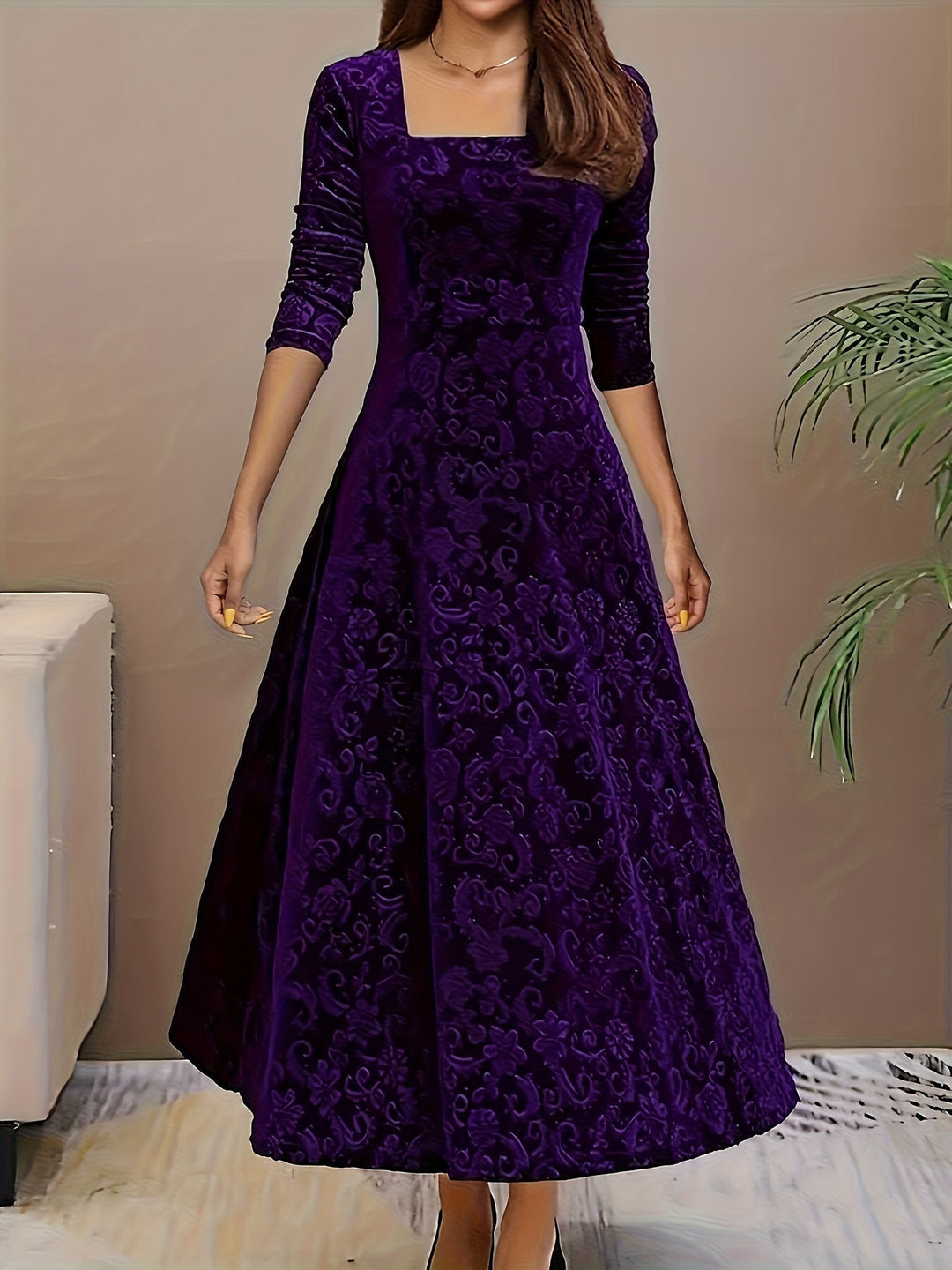 Wren | Women's Square Neck Long Sleeve Flared Midi Dress