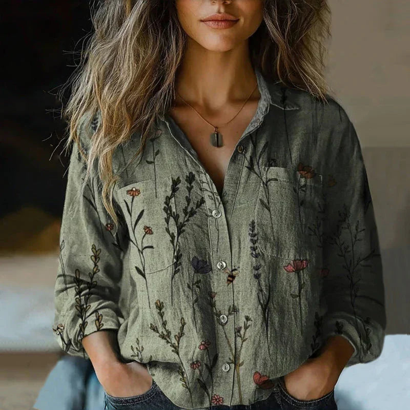 Rainey | Women's Pattern Print Buttoned Vintage Blouse