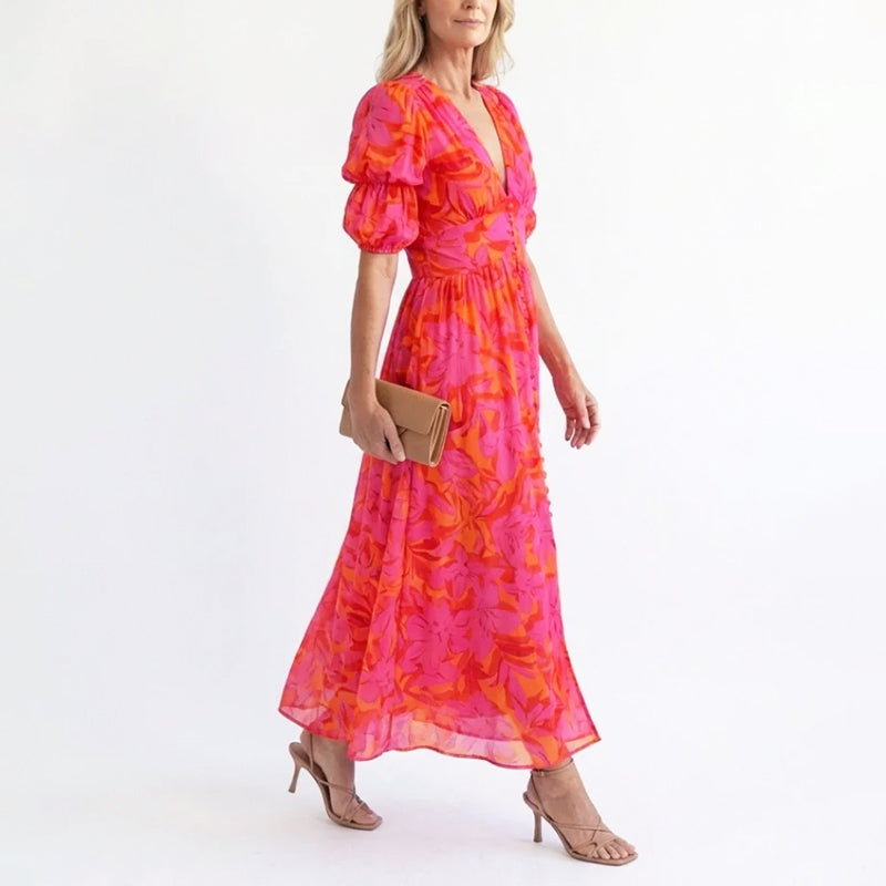 Linda | Women's Elegant Puff Sleeve Floral Summer Dress