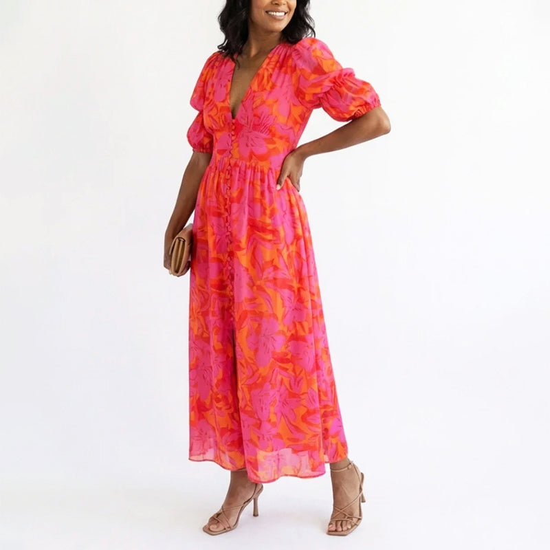 Linda | Women's Elegant Puff Sleeve Floral Summer Dress
