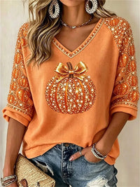 Women's Halloween Pumpkin Bow V-Neck Top