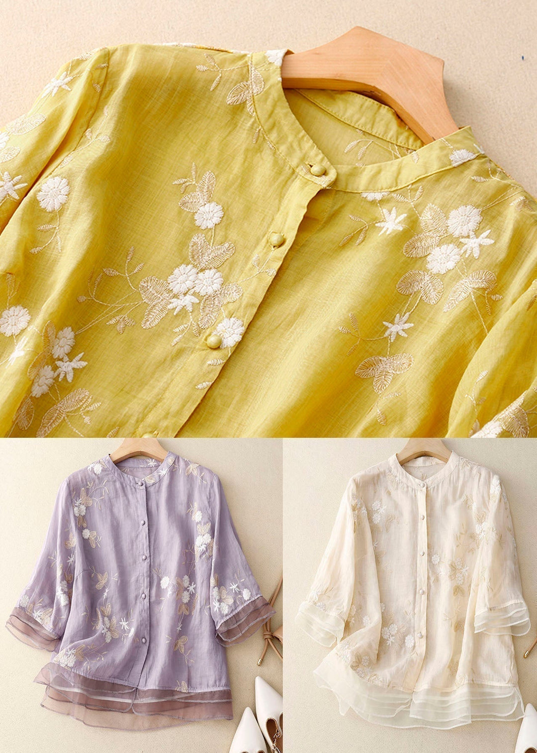 Quinnley | Women's Layered Sheer Floral Embroidered Three Quarter Sleeve Blouse