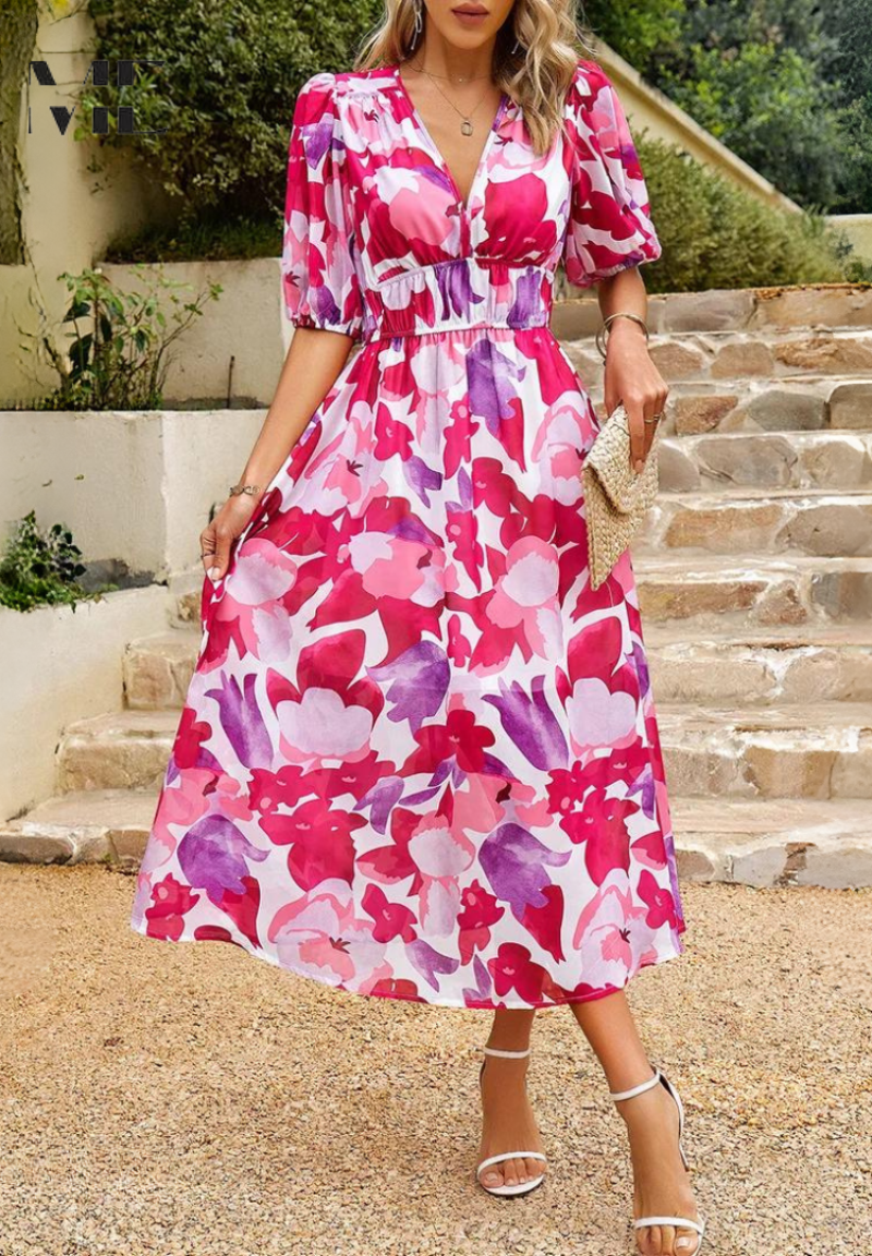 Judy | Women's V-Neck Puff Sleeve Floral Midi Dress