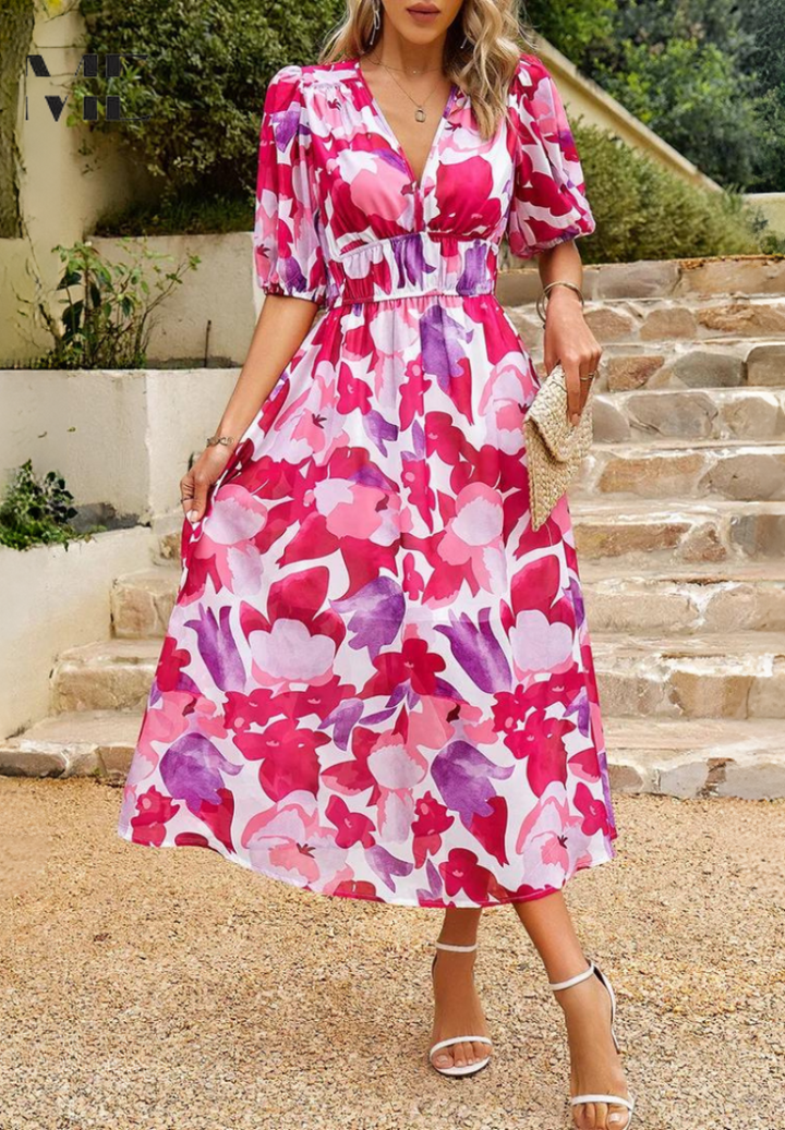 Judy | Women's V-Neck Puff Sleeve Floral Midi Dress