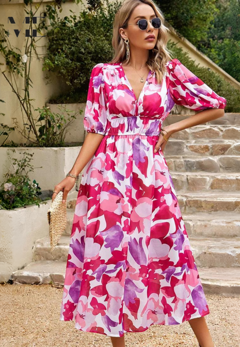 Judy | Women's V-Neck Puff Sleeve Floral Midi Dress