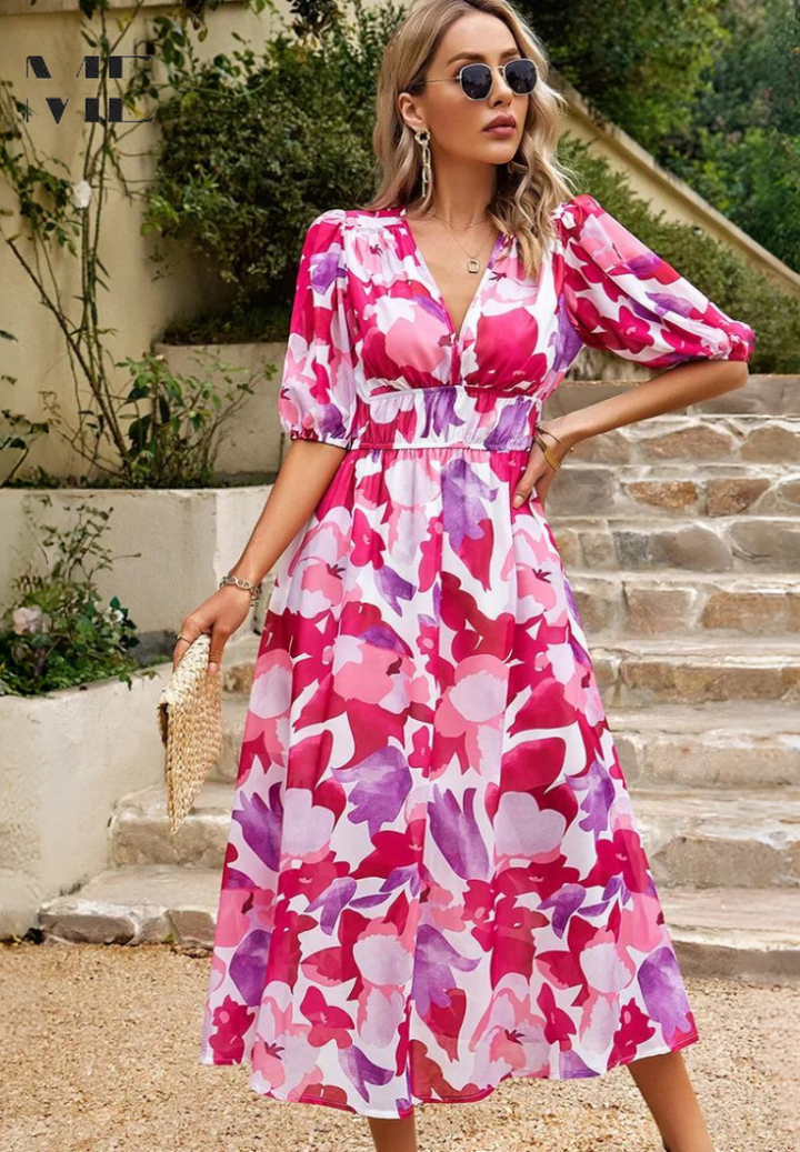Judy | Women's V-Neck Puff Sleeve Floral Midi Dress