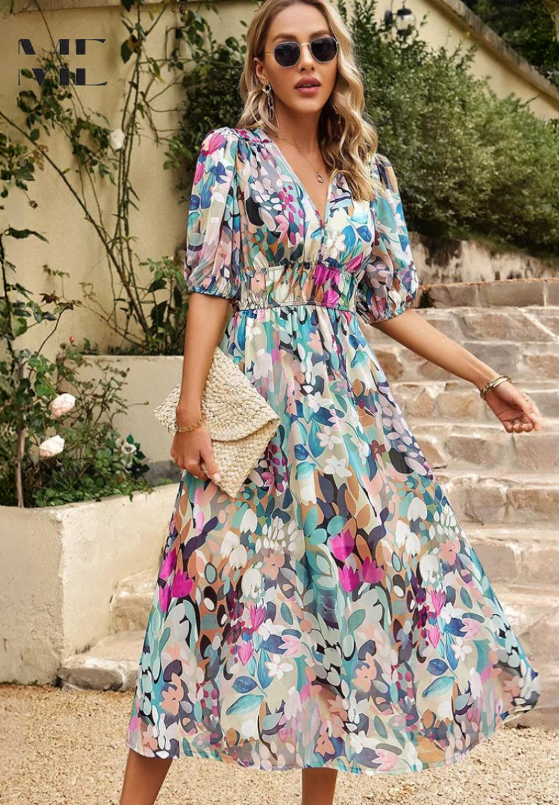 Judy | Women's V-Neck Puff Sleeve Floral Midi Dress