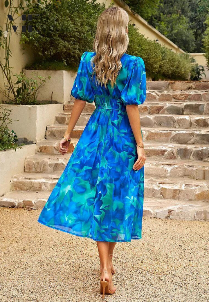 Judy | Women's V-Neck Puff Sleeve Floral Midi Dress