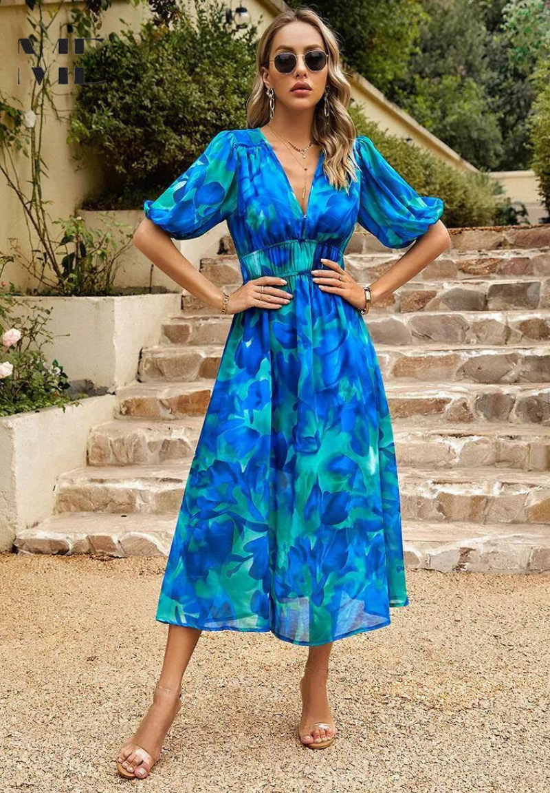 Judy | Women's V-Neck Puff Sleeve Floral Midi Dress