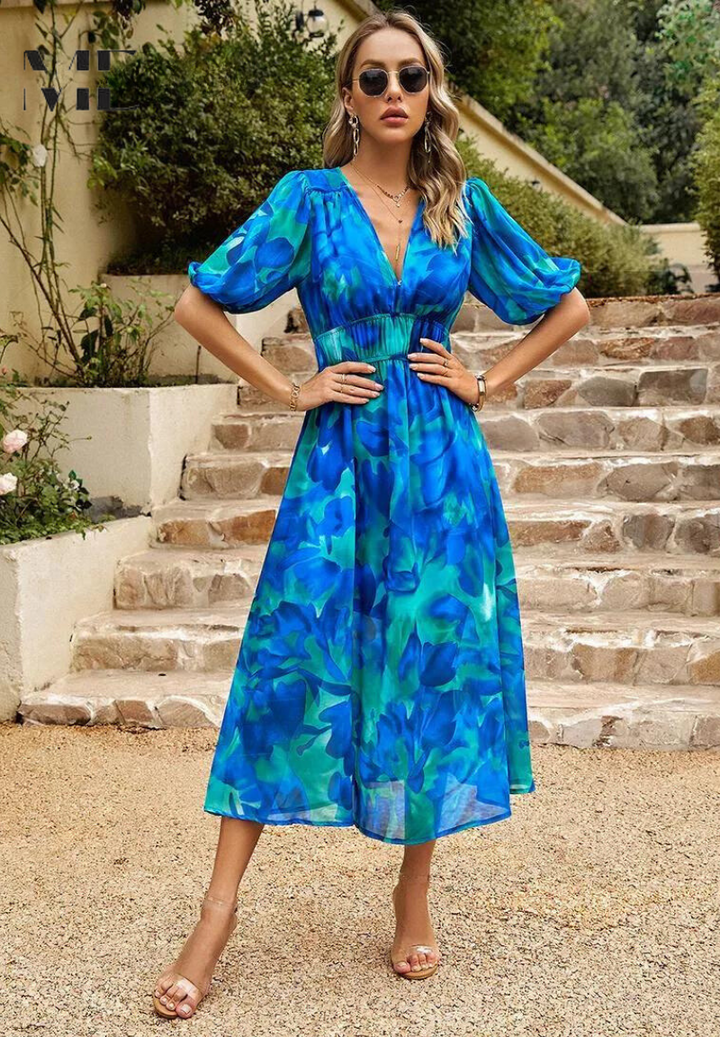 Judy | Women's V-Neck Puff Sleeve Floral Midi Dress