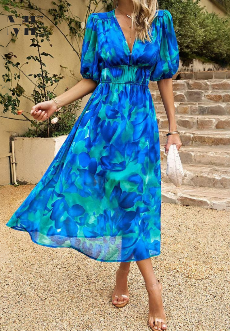 Judy | Women's V-Neck Puff Sleeve Floral Midi Dress