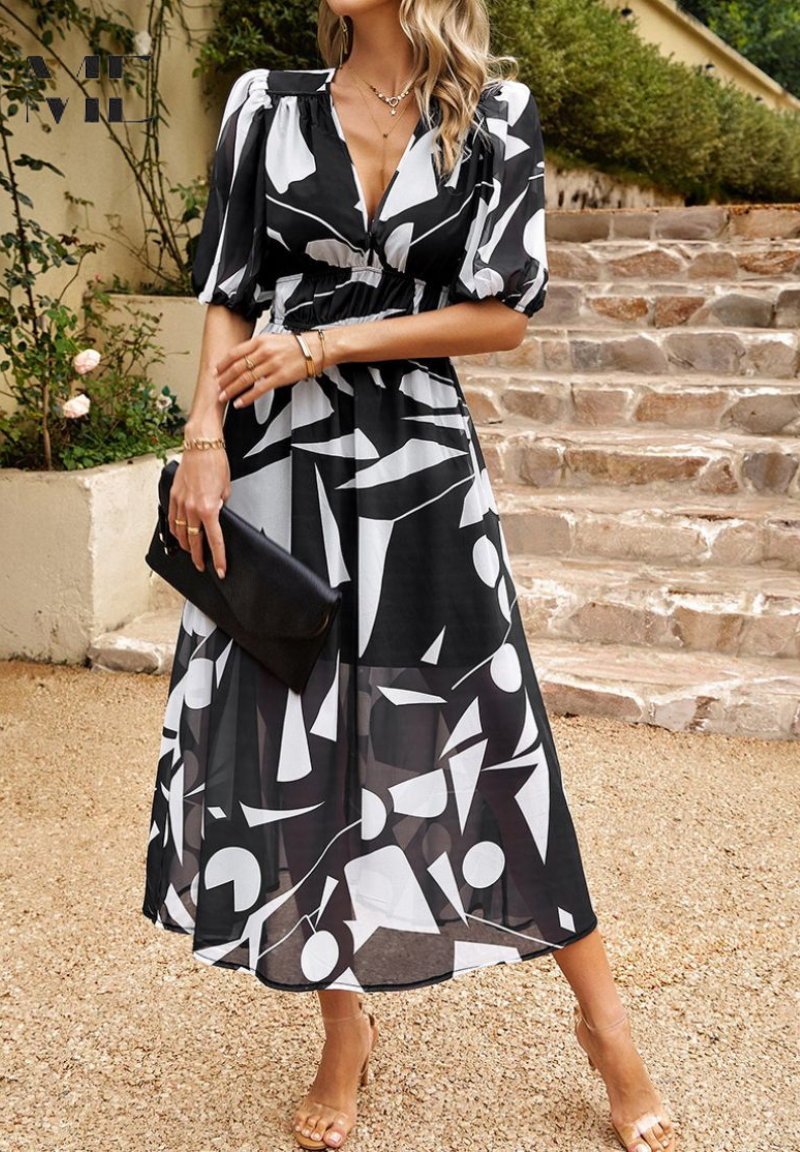 Judy | Women's V-Neck Puff Sleeve Floral Midi Dress