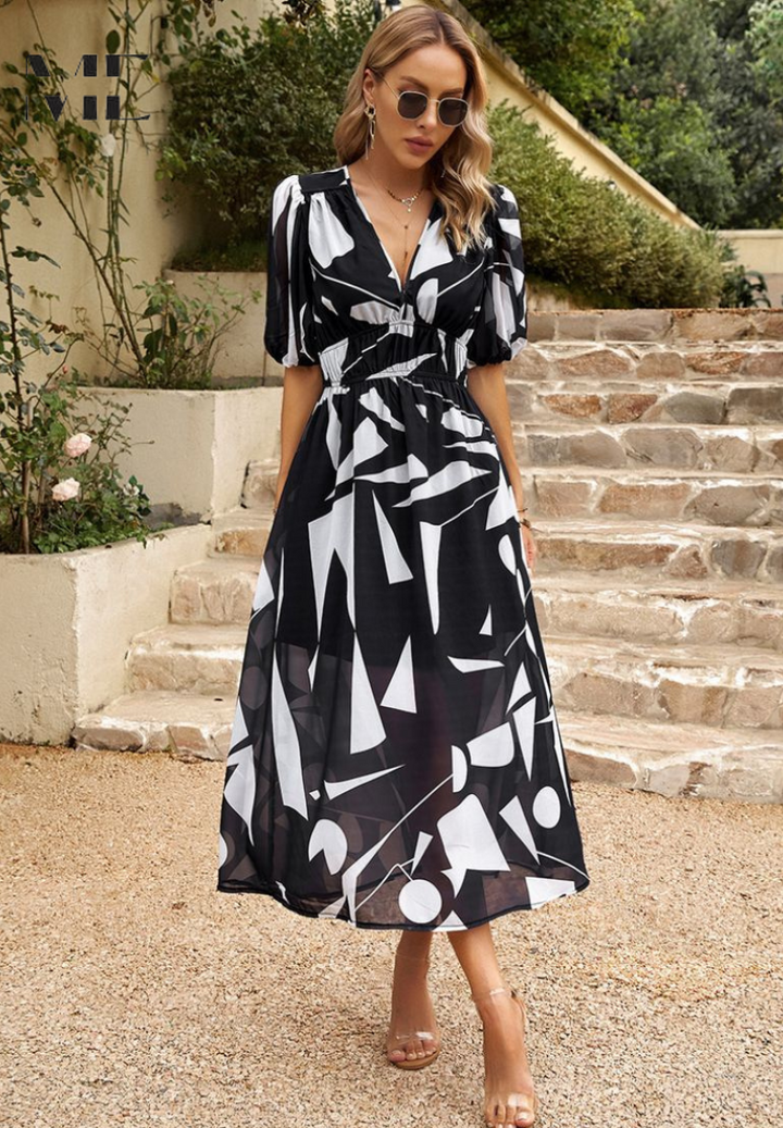 Judy | Women's V-Neck Puff Sleeve Floral Midi Dress