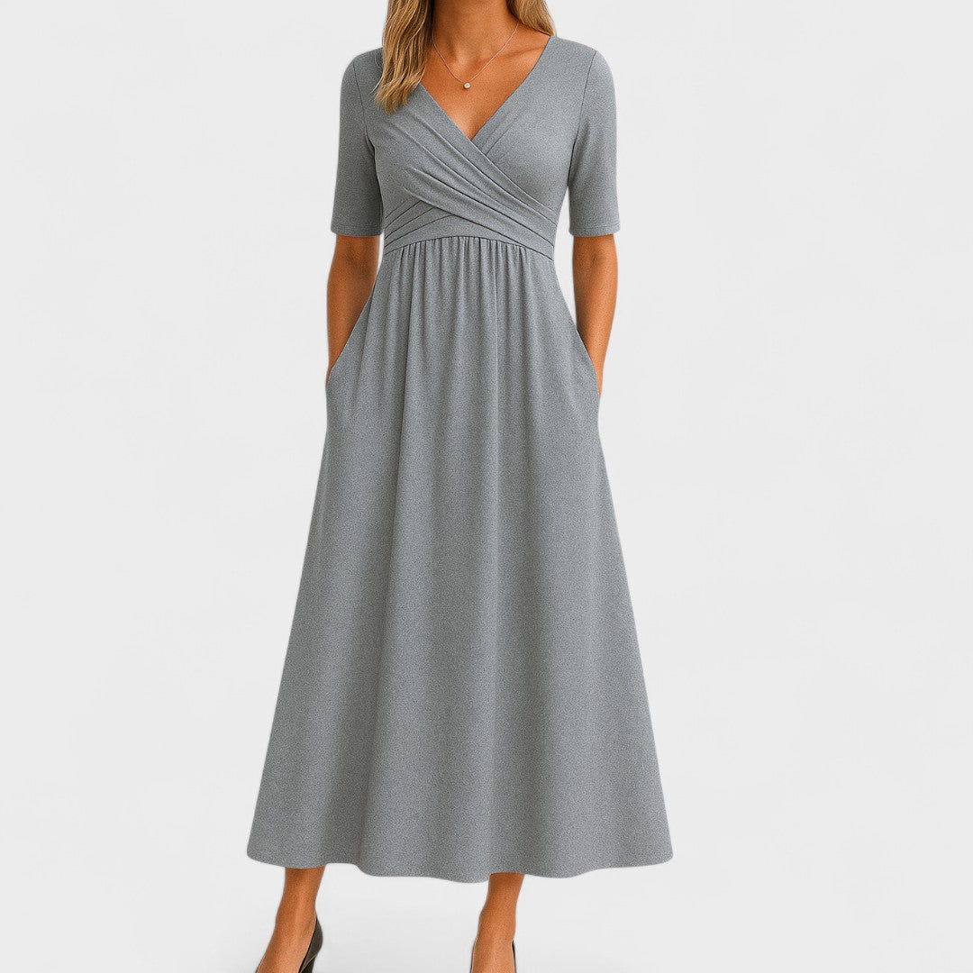 Hazel | Women's V-Neck Wrap Gathered Waist Midi Dress