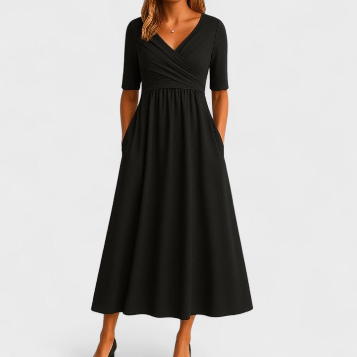Hazel | Women's V-Neck Wrap Gathered Waist Midi Dress