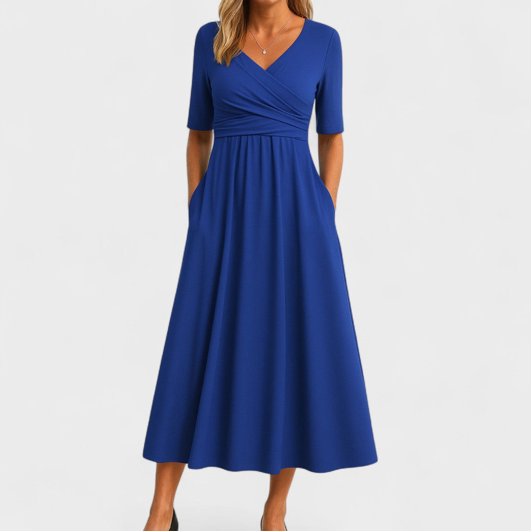 Hazel | Women's V-Neck Wrap Gathered Waist Midi Dress