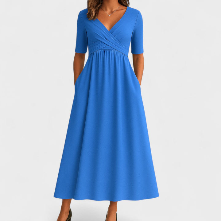 Hazel | Women's V-Neck Wrap Gathered Waist Midi Dress