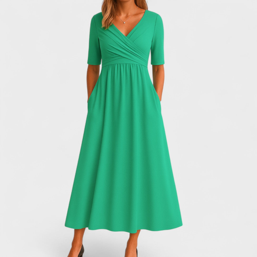 Hazel | Women's V-Neck Wrap Gathered Waist Midi Dress