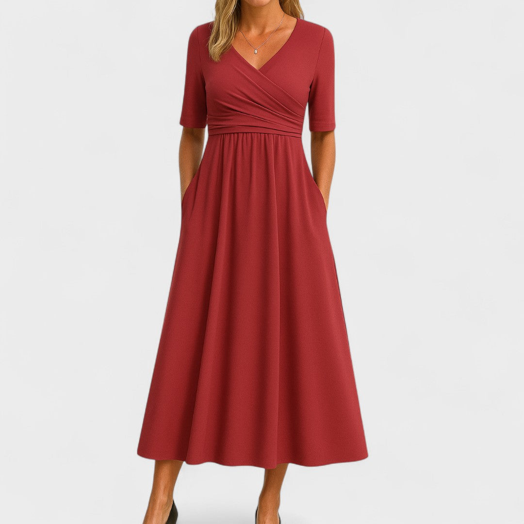 Hazel | Women's V-Neck Wrap Gathered Waist Midi Dress
