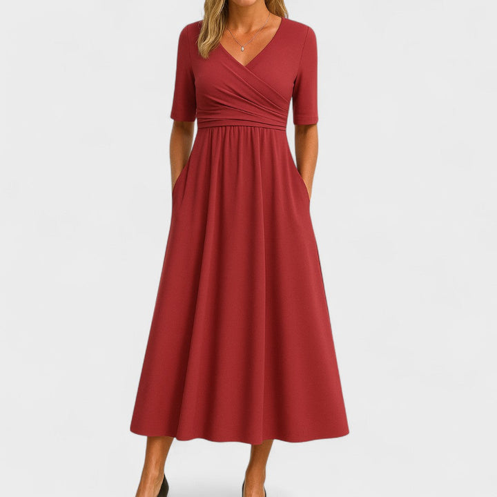 Hazel | Women's V-Neck Wrap Gathered Waist Midi Dress