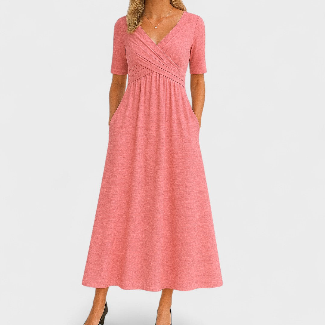Hazel | Women's V-Neck Wrap Gathered Waist Midi Dress