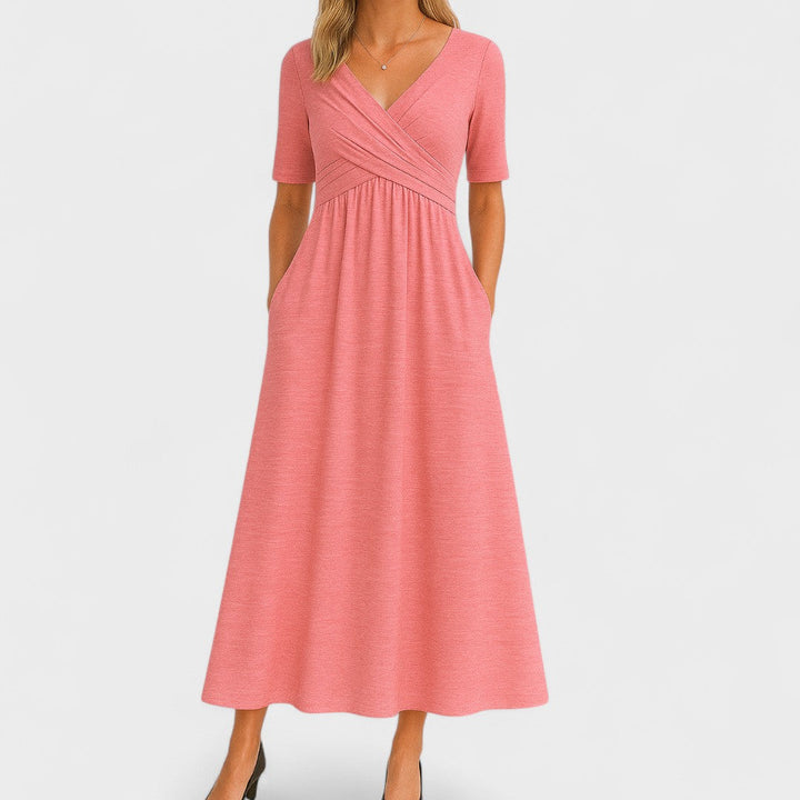 Hazel | Women's V-Neck Wrap Gathered Waist Midi Dress
