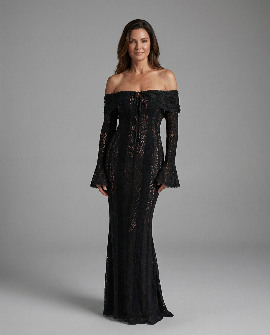 Madison Women Elegant Off Shoulder Evening Dress | Long Sleeve Formal Fit