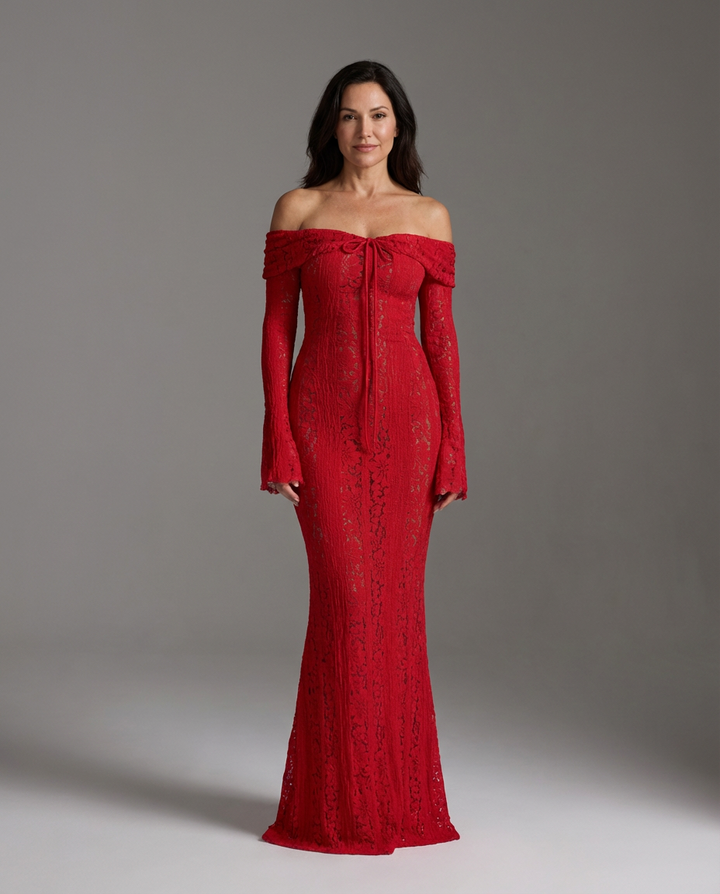 Madison Women Elegant Off Shoulder Evening Dress | Long Sleeve Formal Fit