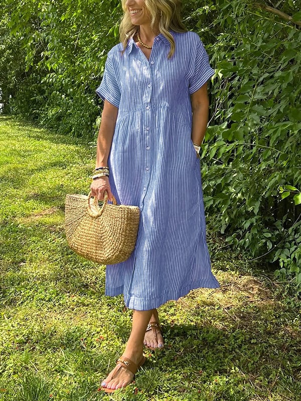 Margot | Women's Striped Short Sleeve Button-Up Midi Dress