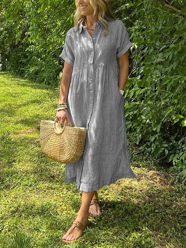 Margot | Women's Striped Short Sleeve Button-Up Midi Dress
