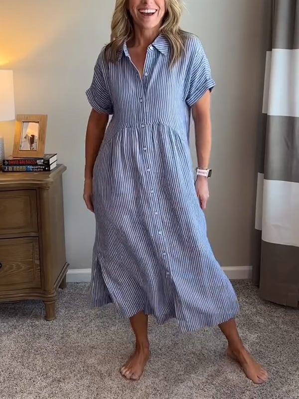 Margot | Women's Striped Short Sleeve Button-Up Midi Dress