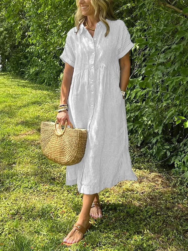 Margot | Women's Striped Short Sleeve Button-Up Midi Dress