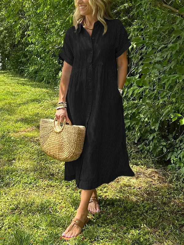 Margot | Women's Striped Short Sleeve Button-Up Midi Dress