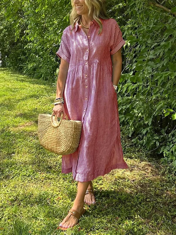 Margot | Women's Striped Short Sleeve Button-Up Midi Dress