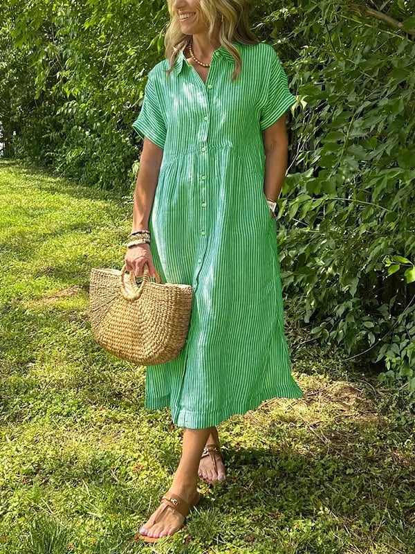 Margot | Women's Striped Short Sleeve Button-Up Midi Dress
