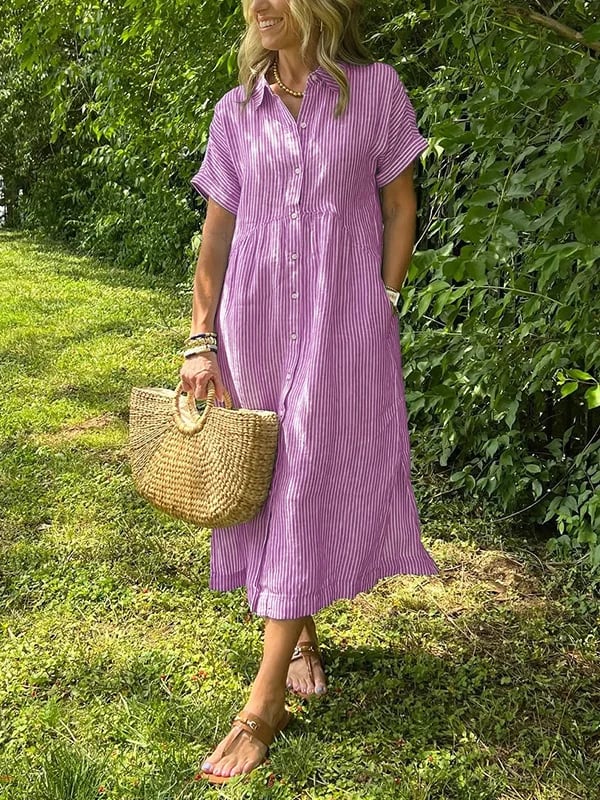 Margot | Women's Striped Short Sleeve Button-Up Midi Dress