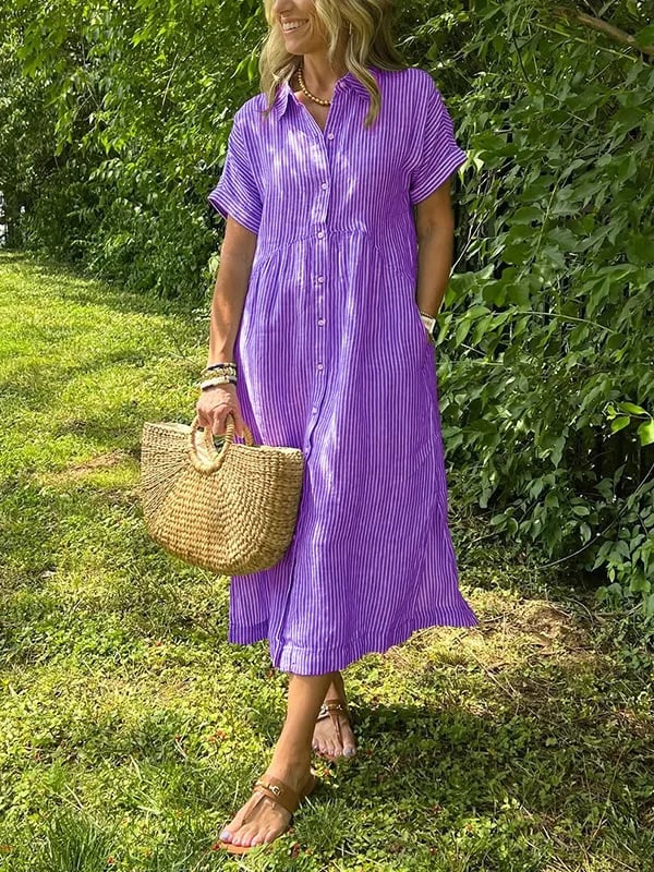 Margot | Women's Striped Short Sleeve Button-Up Midi Dress