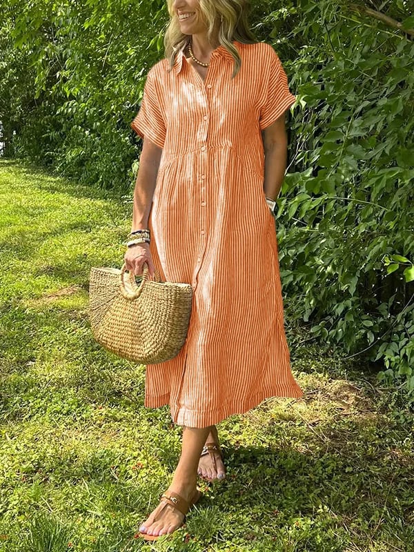 Margot | Women's Striped Short Sleeve Button-Up Midi Dress