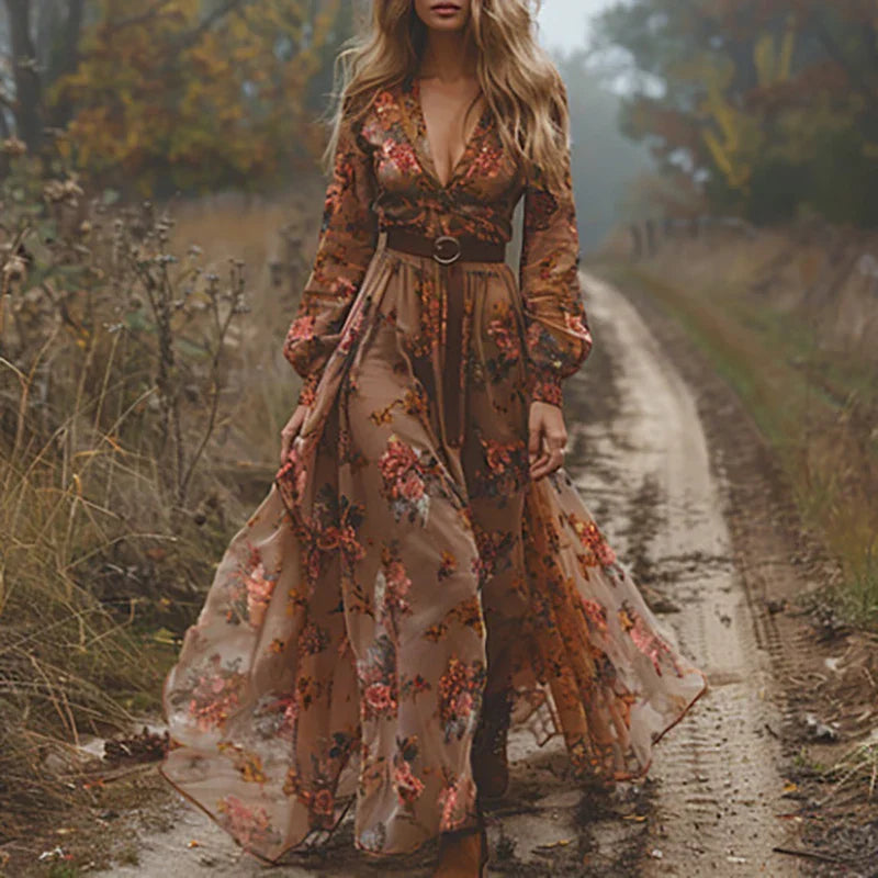 Nadine | Women's Long Sleeve Bohemian Floral Maxi Dress