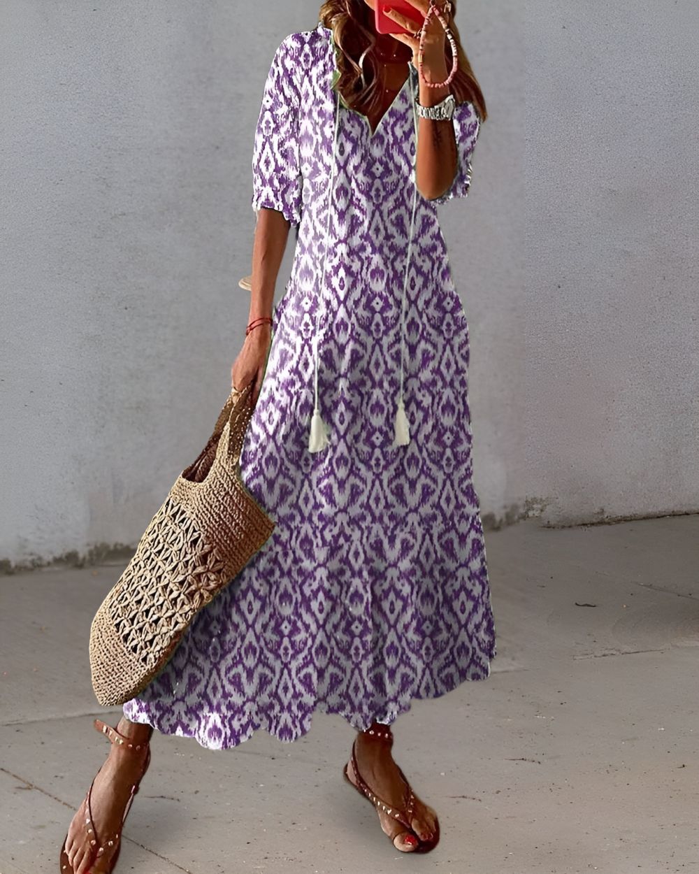 Amira | Women's Printed V-Neck Relaxed Fit Maxi Dress