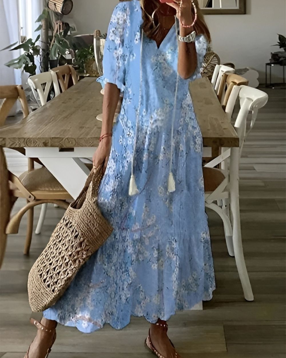 Amira | Women's Printed V-Neck Relaxed Fit Maxi Dress