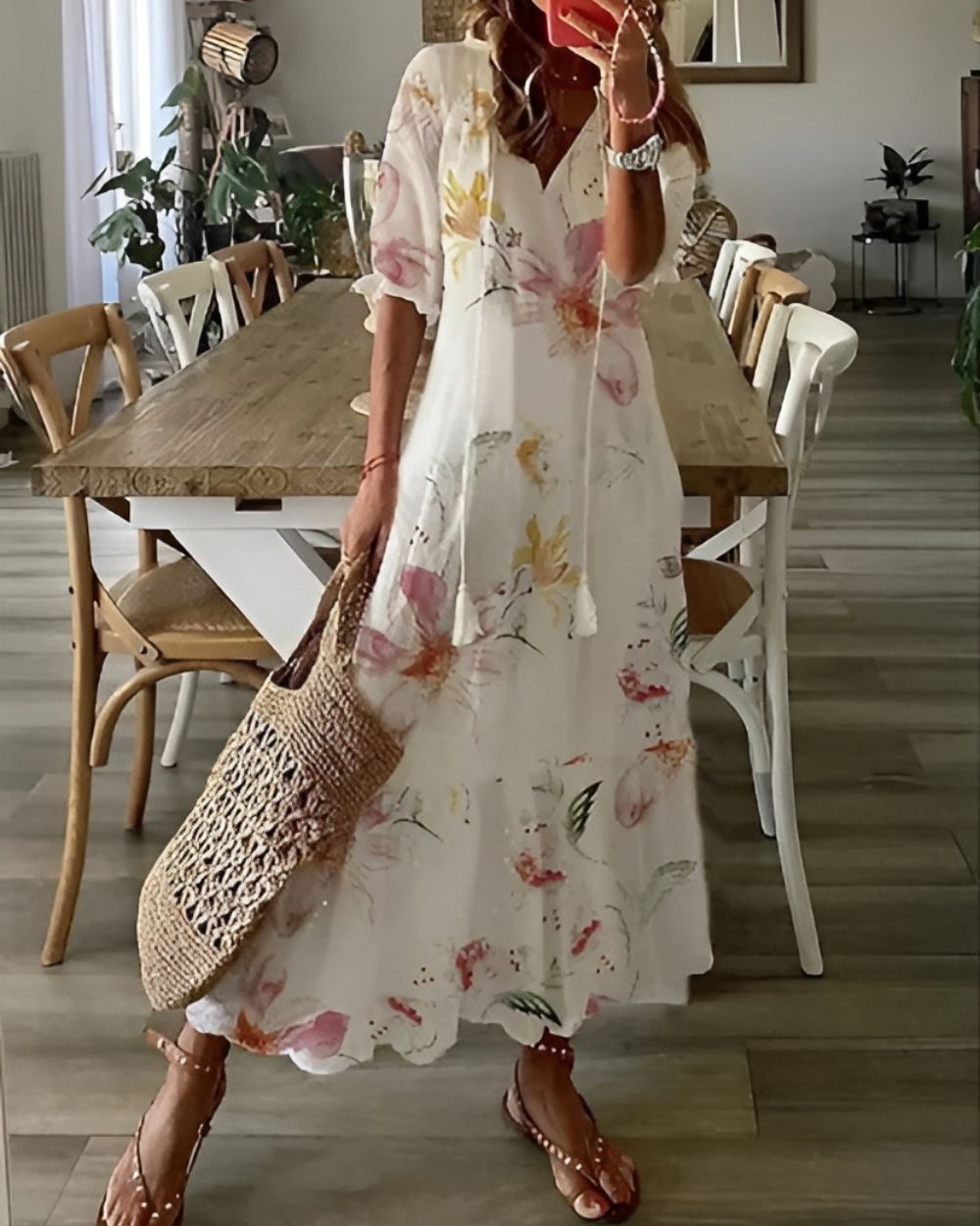 Amira | Women's Printed V-Neck Relaxed Fit Maxi Dress