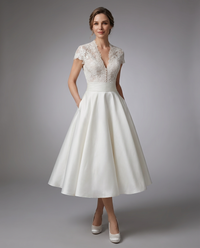 Pamela | Women's Lace V-Neck Midi Wedding Dress
