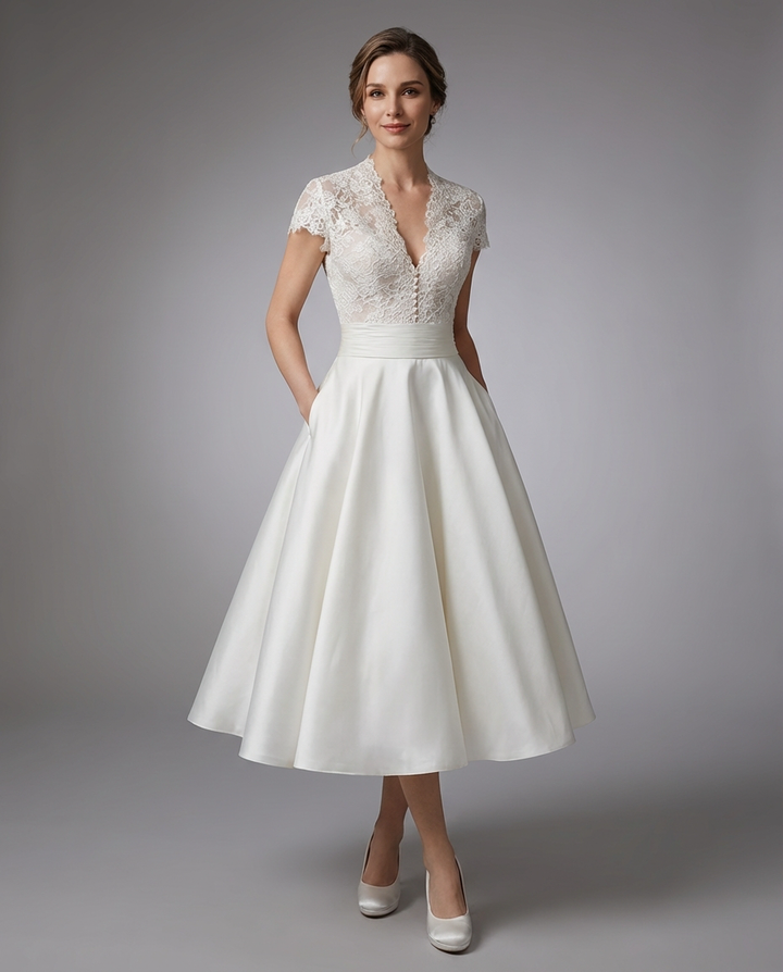 Pamela | Women's Lace V-Neck Midi Wedding Dress