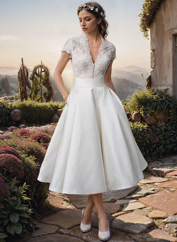 Pamela | Women's Lace V-Neck Midi Wedding Dress